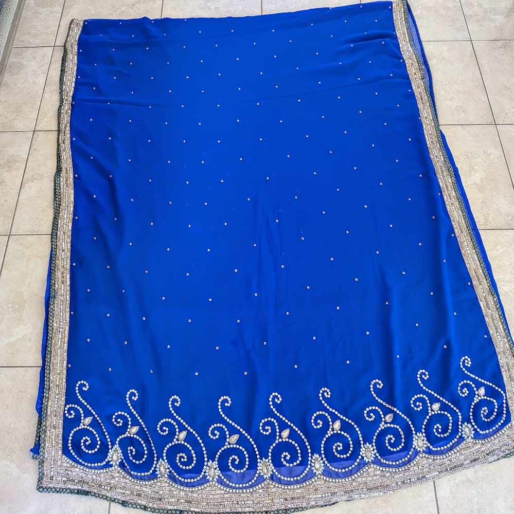 Royal blue polyester georgette sari with rhinestones